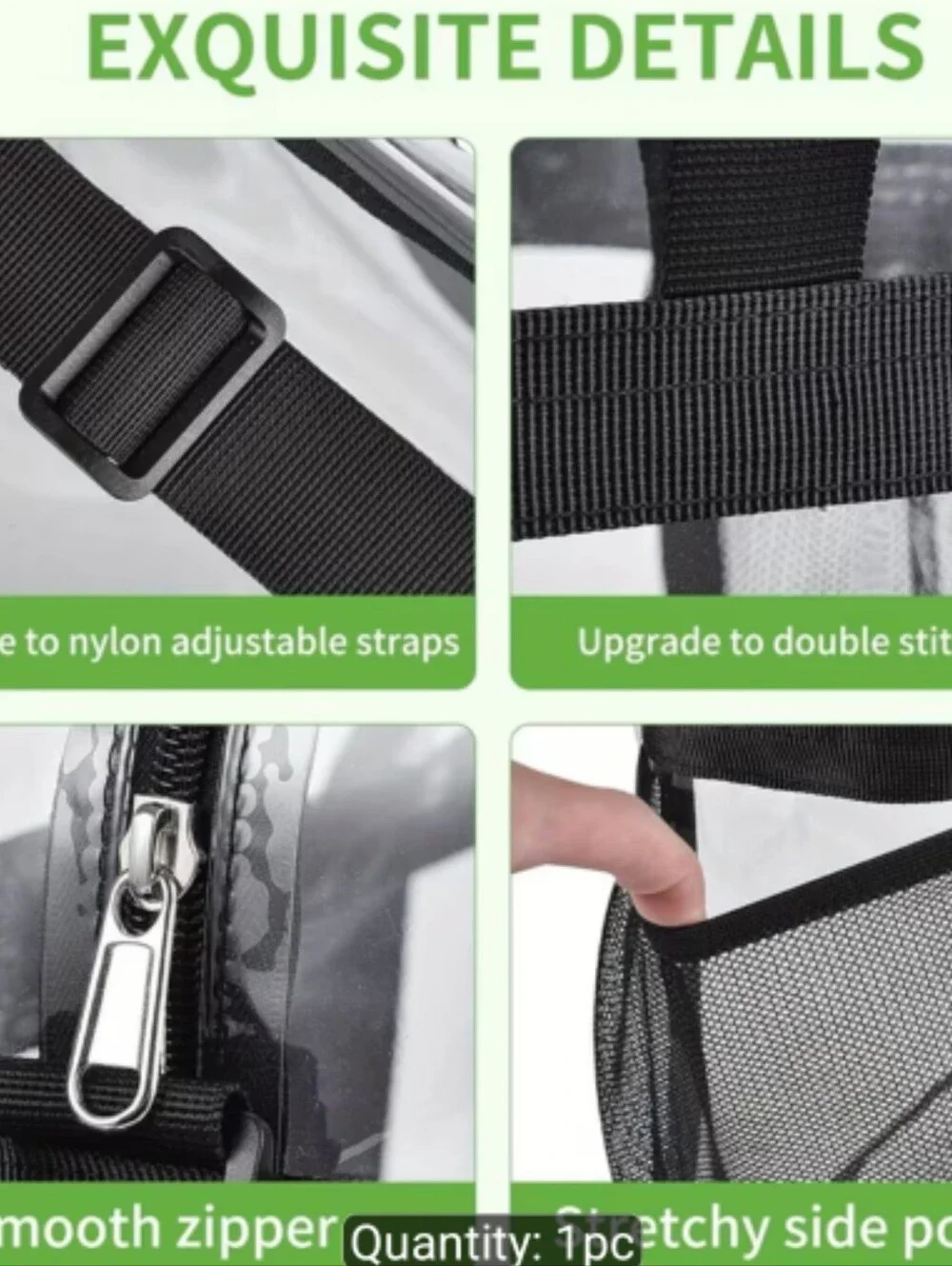 Large Clear Stadium Tote Bag 12x12x6 Travel Work Lunch Bag Shoulder Strap Black